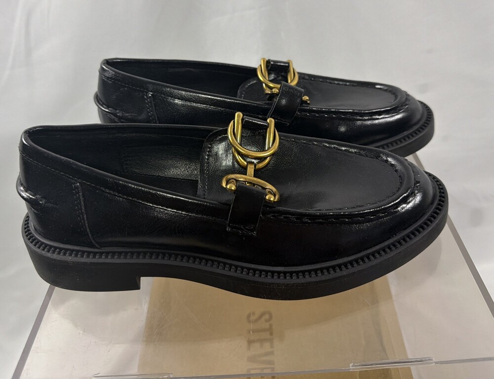 Steve Madden Women’s 6.5  Black Gold Buckle Loafers Slip-On Sheila